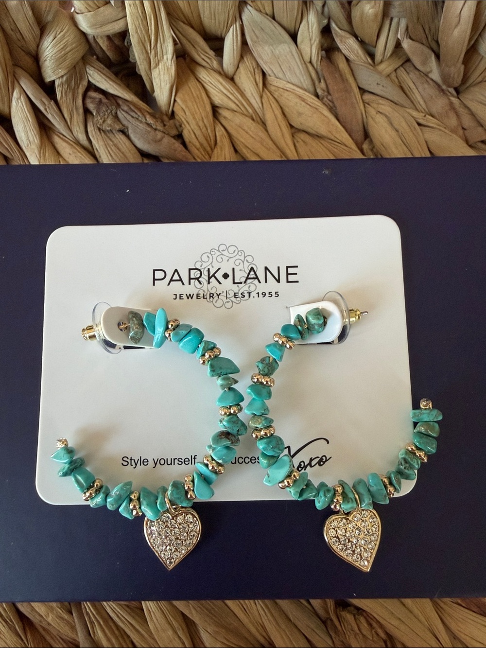 Park Lane Gold-Tone Hoop Earrings with Turquoise Chips and Pave Heart Charms